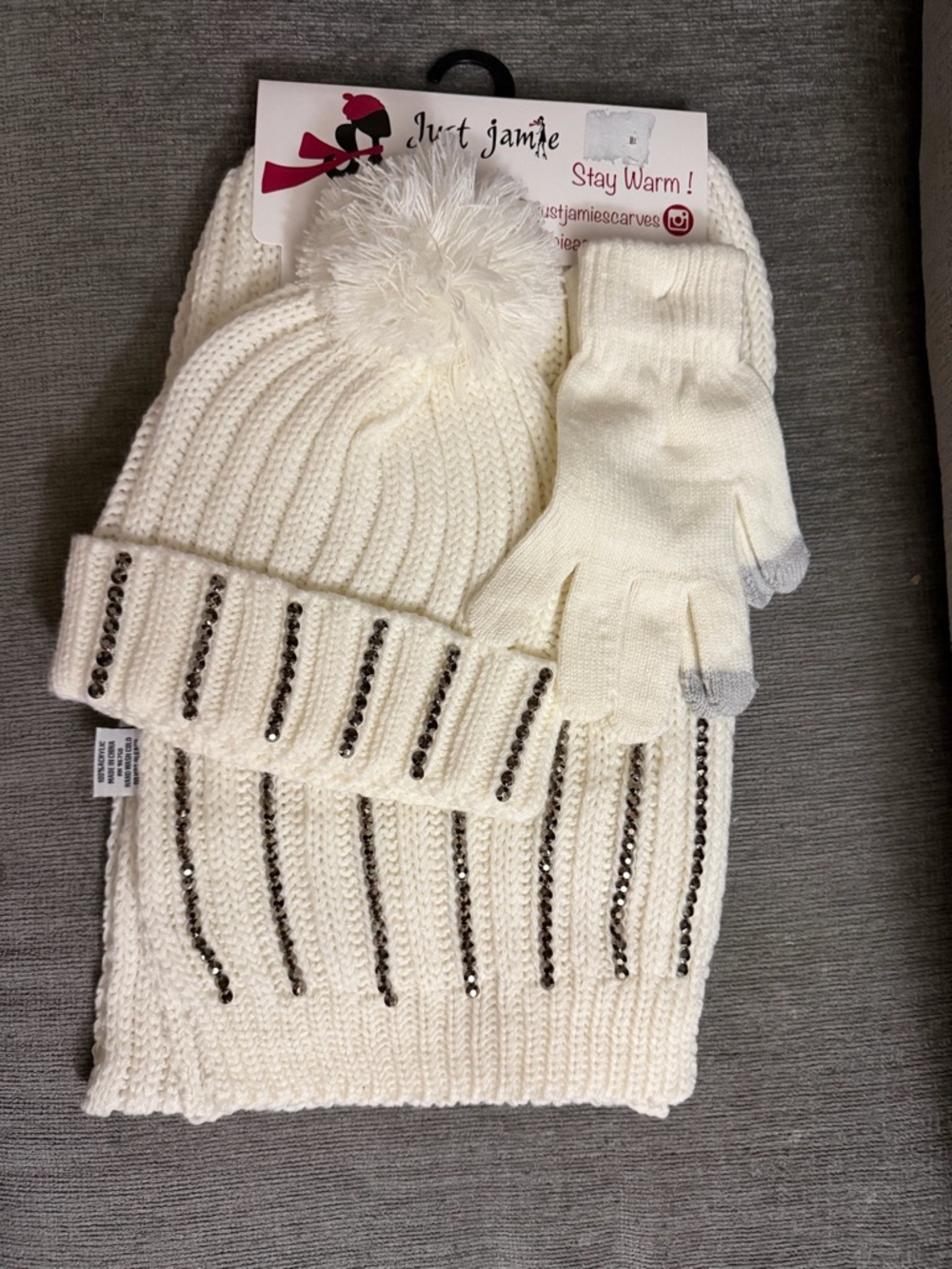 Just Jamie Ivory Knit Pom Beanie, Scarf & Touchscreen Gloves Set